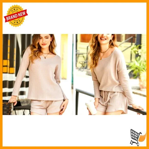 Waffle Knit Pajama Set Long Sleeve Top Shorts Lounge Wear with Pockets